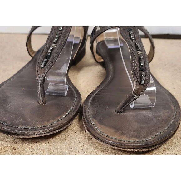 Frye Brown Leather Beaded T Thong Sandals Flats Boho Size Cross stitch - Picture 2 of 16